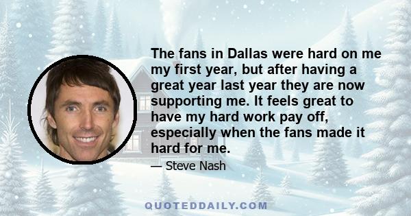 The fans in Dallas were hard on me my first year, but after having a great year last year they are now supporting me. It feels great to have my hard work pay off, especially when the fans made it hard for me.