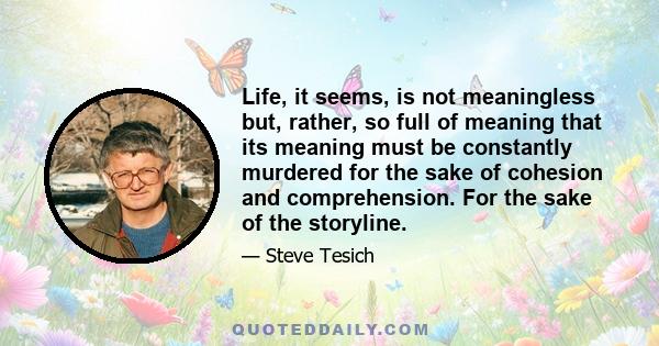 Life, it seems, is not meaningless but, rather, so full of meaning that its meaning must be constantly murdered for the sake of cohesion and comprehension. For the sake of the storyline.