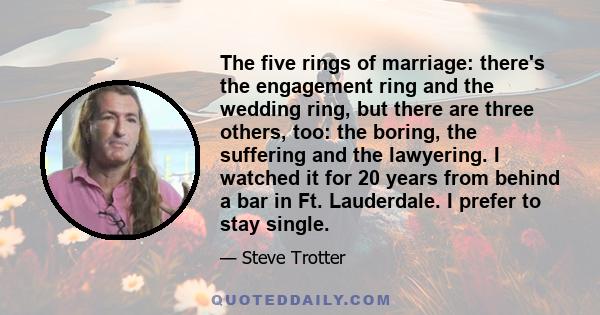 The five rings of marriage: there's the engagement ring and the wedding ring, but there are three others, too: the boring, the suffering and the lawyering. I watched it for 20 years from behind a bar in Ft. Lauderdale.