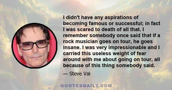 I didn't have any aspirations of becoming famous or successful; in fact I was scared to death of all that. I remember somebody once said that if a rock musician goes on tour, he goes insane. I was very impressionable