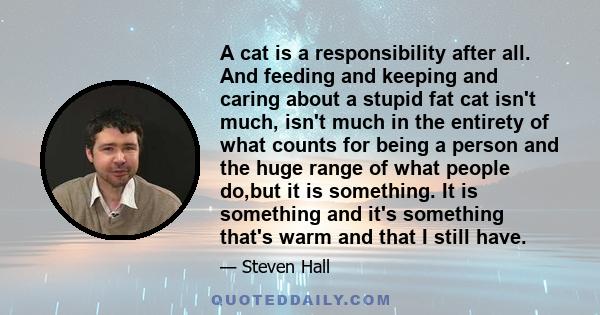 A cat is a responsibility after all. And feeding and keeping and caring about a stupid fat cat isn't much, isn't much in the entirety of what counts for being a person and the huge range of what people do,but it is