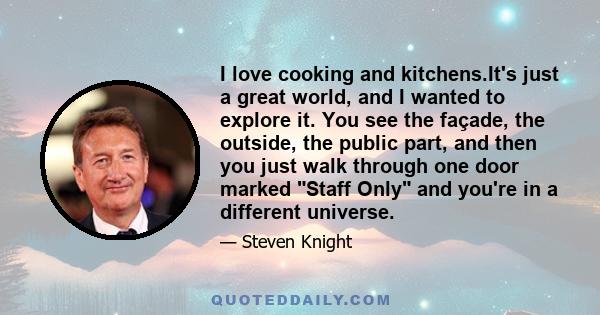 I love cooking and kitchens.It's just a great world, and I wanted to explore it. You see the façade, the outside, the public part, and then you just walk through one door marked Staff Only and you're in a different