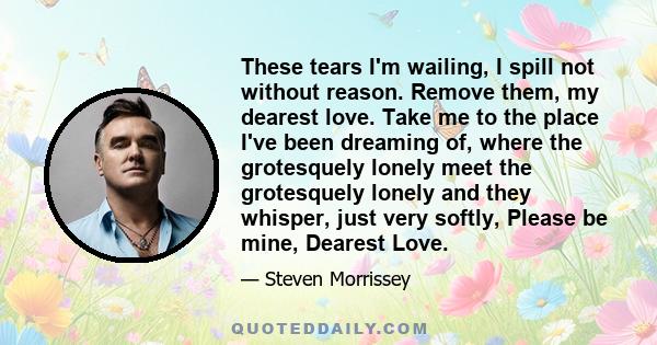 These tears I'm wailing, I spill not without reason. Remove them, my dearest love. Take me to the place I've been dreaming of, where the grotesquely lonely meet the grotesquely lonely and they whisper, just very softly, 