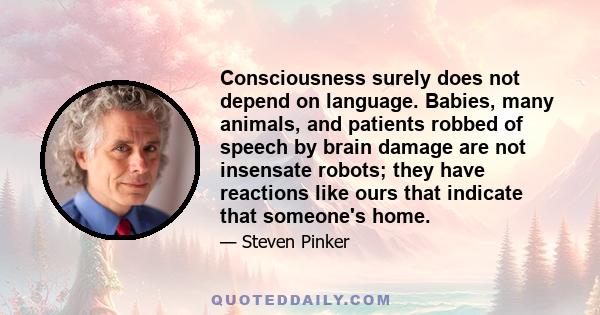 Consciousness surely does not depend on language. Babies, many animals, and patients robbed of speech by brain damage are not insensate robots; they have reactions like ours that indicate that someone's home.