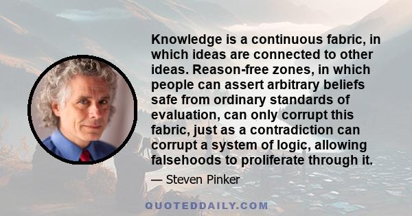 Knowledge is a continuous fabric, in which ideas are connected to other ideas. Reason-free zones, in which people can assert arbitrary beliefs safe from ordinary standards of evaluation, can only corrupt this fabric,