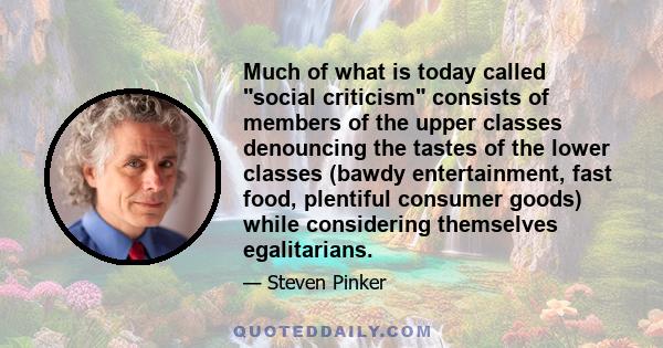 Much of what is today called social criticism consists of members of the upper classes denouncing the tastes of the lower classes (bawdy entertainment, fast food, plentiful consumer goods) while considering themselves