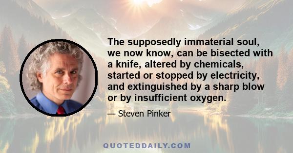 The supposedly immaterial soul, we now know, can be bisected with a knife, altered by chemicals, started or stopped by electricity, and extinguished by a sharp blow or by insufficient oxygen.