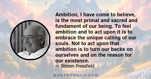 Ambition, I have come to believe, is the most primal and sacred and fundament of our being. To feel ambition and to act upon it is to embrace the unique calling of our souls. Not to act upon that ambition is to turn our 