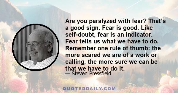 Are you paralyzed with fear? That’s a good sign. Fear is good. Like self-doubt, fear is an indicator. Fear tells us what we have to do. Remember one rule of thumb: the more scared we are of a work or calling, the more