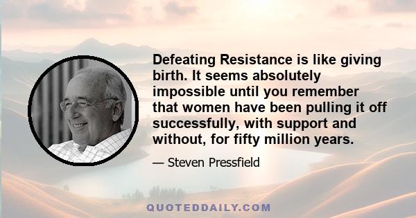 Defeating Resistance is like giving birth. It seems absolutely impossible until you remember that women have been pulling it off successfully, with support and without, for fifty million years.