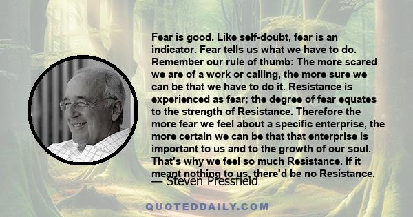 Fear is good. Like self-doubt, fear is an indicator. Fear tells us what we have to do. Remember our rule of thumb: The more scared we are of a work or calling, the more sure we can be that we have to do it. Resistance