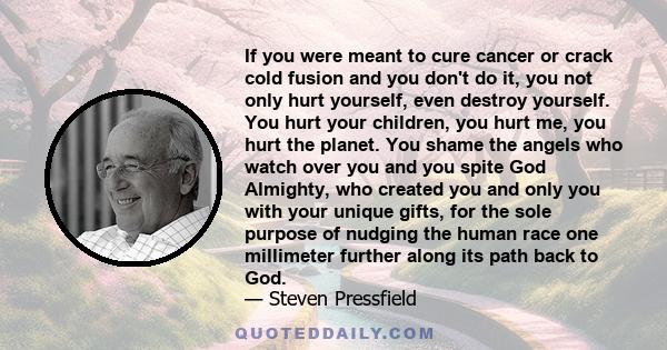 If you were meant to cure cancer or crack cold fusion and you don't do it, you not only hurt yourself, even destroy yourself. You hurt your children, you hurt me, you hurt the planet. You shame the angels who watch over 