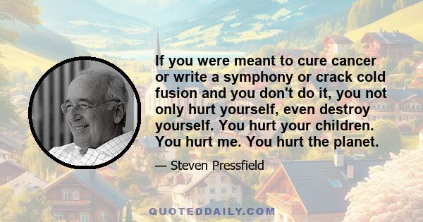 If you were meant to cure cancer or write a symphony or crack cold fusion and you don't do it, you not only hurt yourself, even destroy yourself. You hurt your children. You hurt me. You hurt the planet.