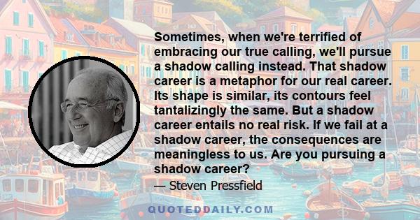 Sometimes, when we're terrified of embracing our true calling, we'll pursue a shadow calling instead. That shadow career is a metaphor for our real career. Its shape is similar, its contours feel tantalizingly the same. 