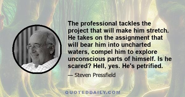 The professional tackles the project that will make him stretch. He takes on the assignment that will bear him into uncharted waters, compel him to explore unconscious parts of himself. Is he scared? Hell, yes. He's