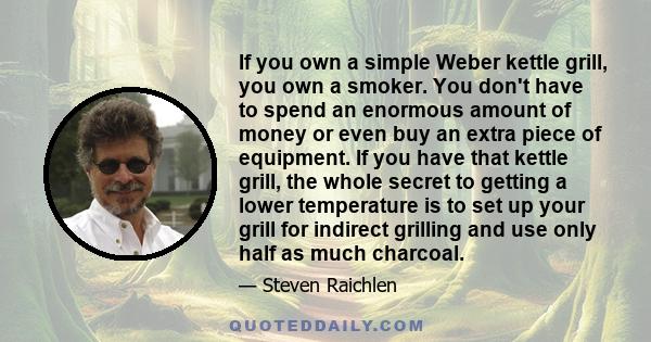 If you own a simple Weber kettle grill, you own a smoker. You don't have to spend an enormous amount of money or even buy an extra piece of equipment. If you have that kettle grill, the whole secret to getting a lower