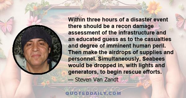 Within three hours of a disaster event there should be a recon damage assessment of the infrastructure and an educated guess as to the casualties and degree of imminent human peril. Then make the airdrops of supplies