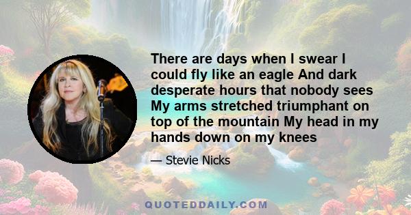 There are days when I swear I could fly like an eagle And dark desperate hours that nobody sees My arms stretched triumphant on top of the mountain My head in my hands down on my knees