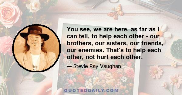 You see, we are here, as far as I can tell, to help each other - our brothers, our sisters, our friends, our enemies. That's to help each other, not hurt each other.