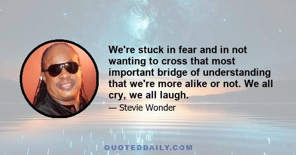 We're stuck in fear and in not wanting to cross that most important bridge of understanding that we're more alike or not. We all cry, we all laugh.