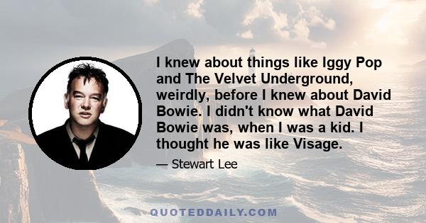 I knew about things like Iggy Pop and The Velvet Underground, weirdly, before I knew about David Bowie. I didn't know what David Bowie was, when I was a kid. I thought he was like Visage.