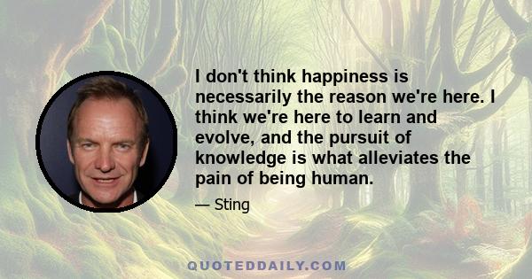 I don't think happiness is necessarily the reason we're here. I think we're here to learn and evolve, and the pursuit of knowledge is what alleviates the pain of being human.