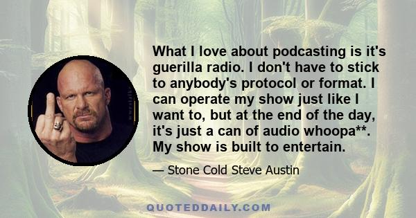 What I love about podcasting is it's guerilla radio. I don't have to stick to anybody's protocol or format. I can operate my show just like I want to, but at the end of the day, it's just a can of audio whoopa**. My