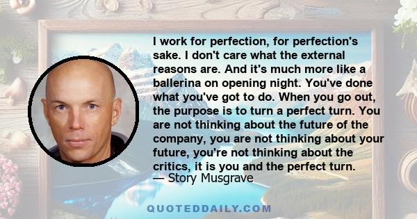 I work for perfection, for perfection's sake. I don't care what the external reasons are. And it's much more like a ballerina on opening night. You've done what you've got to do. When you go out, the purpose is to turn