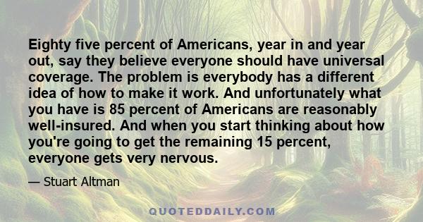 Eighty five percent of Americans, year in and year out, say they believe everyone should have universal coverage. The problem is everybody has a different idea of how to make it work. And unfortunately what you have is