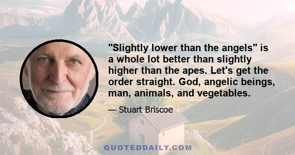 Slightly lower than the angels is a whole lot better than slightly higher than the apes. Let's get the order straight. God, angelic beings, man, animals, and vegetables.