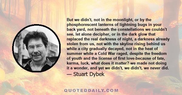 But we didn't, not in the moonlight, or by the phosphorescent lanterns of lightning bugs in your back yard, not beneath the constellations we couldn't see, let alone decipher, or in the dark glow that replaced the real