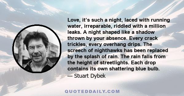 Love, it’s such a night, laced with running water, irreparable, riddled with a million leaks. A night shaped like a shadow thrown by your absence. Every crack trickles, every overhang drips. The screech of nighthawks