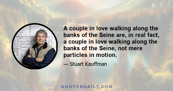 A couple in love walking along the banks of the Seine are, in real fact, a couple in love walking along the banks of the Seine, not mere particles in motion.