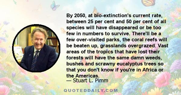 By 2050, at bio-extinction's current rate, between 25 per cent and 50 per cent of all species will have disappeared or be too few in numbers to survive. There'll be a few over-visited parks, the coral reefs will be