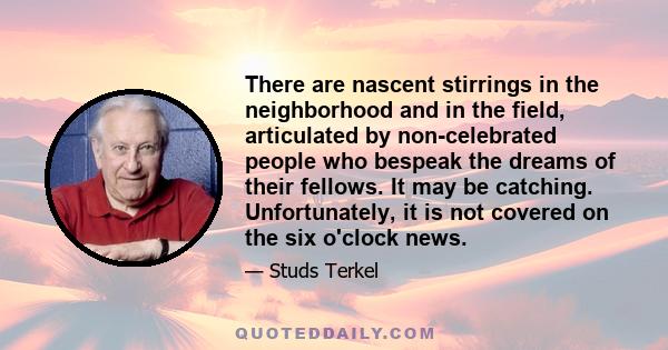 There are nascent stirrings in the neighborhood and in the field, articulated by non-celebrated people who bespeak the dreams of their fellows. It may be catching. Unfortunately, it is not covered on the six o'clock