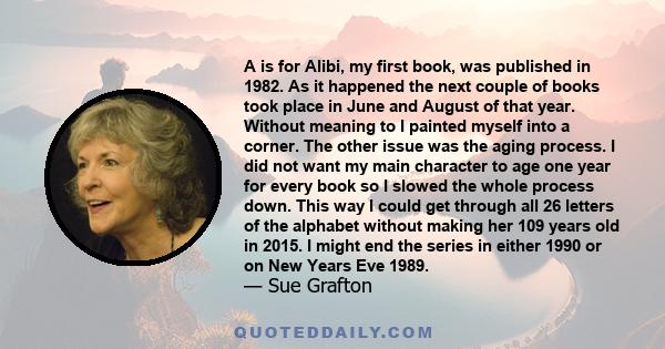 A is for Alibi, my first book, was published in 1982. As it happened the next couple of books took place in June and August of that year. Without meaning to I painted myself into a corner. The other issue was the aging