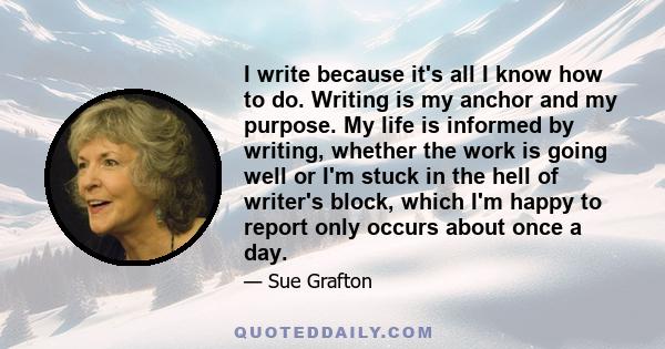 I write because it's all I know how to do. Writing is my anchor and my purpose. My life is informed by writing, whether the work is going well or I'm stuck in the hell of writer's block, which I'm happy to report only