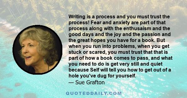 Writing is a process and you must trust the process! Fear and anxiety are part of that process along with the enthusaism and the good days and the joy and the passion and the great hopes you have for a book. But when