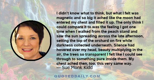 I didn't know what to think, but what I felt was magnetic and so big it ached like the moon had entered my chest and filled it up. The only think I could compare it to was the feeling I got one time when I walked from