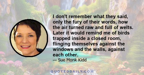 I don't remember what they said, only the fury of their words, how the air turned raw and full of welts. Later it would remind me of birds trapped inside a closed room, flinging themselves against the windows and the