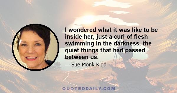 I wondered what it was like to be inside her, just a curl of flesh swimming in the darkness, the quiet things that had passed between us.