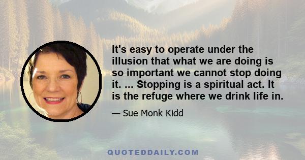 It's easy to operate under the illusion that what we are doing is so important we cannot stop doing it. ... Stopping is a spiritual act. It is the refuge where we drink life in.