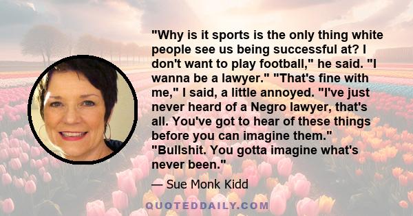 Why is it sports is the only thing white people see us being successful at? I don't want to play football, he said. I wanna be a lawyer. That's fine with me, I said, a little annoyed. I've just never heard of a Negro