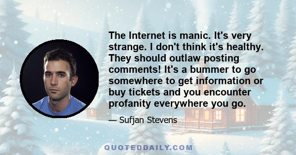 The Internet is manic. It's very strange. I don't think it's healthy. They should outlaw posting comments! It's a bummer to go somewhere to get information or buy tickets and you encounter profanity everywhere you go.