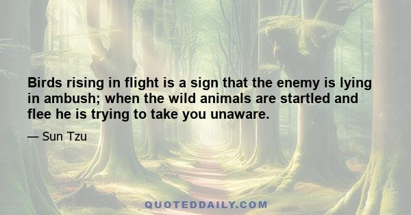 Birds rising in flight is a sign that the enemy is lying in ambush; when the wild animals are startled and flee he is trying to take you unaware.