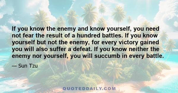 If you know the enemy and know yourself, you need not fear the result of a hundred battles. If you know yourself but not the enemy, for every victory gained you will also suffer a defeat. If you know neither the enemy