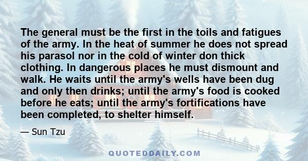 The general must be the first in the toils and fatigues of the army. In the heat of summer he does not spread his parasol nor in the cold of winter don thick clothing. In dangerous places he must dismount and walk. He