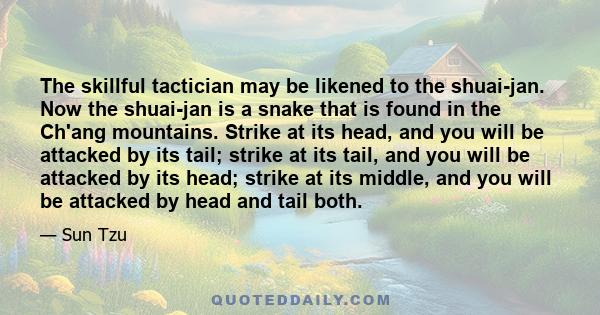 The skillful tactician may be likened to the shuai-jan. Now the shuai-jan is a snake that is found in the Ch'ang mountains. Strike at its head, and you will be attacked by its tail; strike at its tail, and you will be