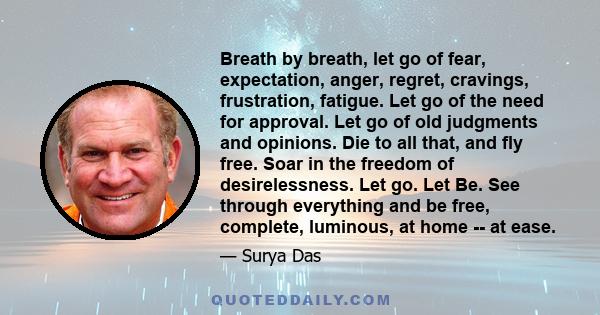 Breath by breath, let go of fear, expectation, anger, regret, cravings, frustration, fatigue. Let go of the need for approval. Let go of old judgments and opinions. Die to all that, and fly free. Soar in the freedom of