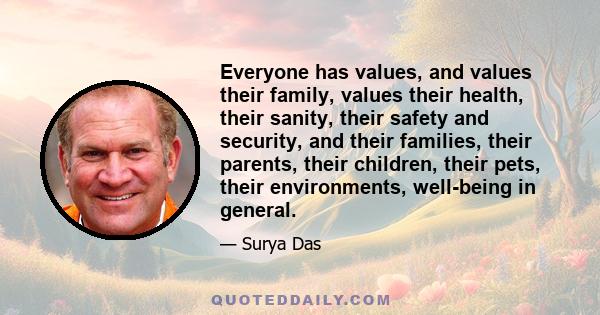 Everyone has values, and values their family, values their health, their sanity, their safety and security, and their families, their parents, their children, their pets, their environments, well-being in general.